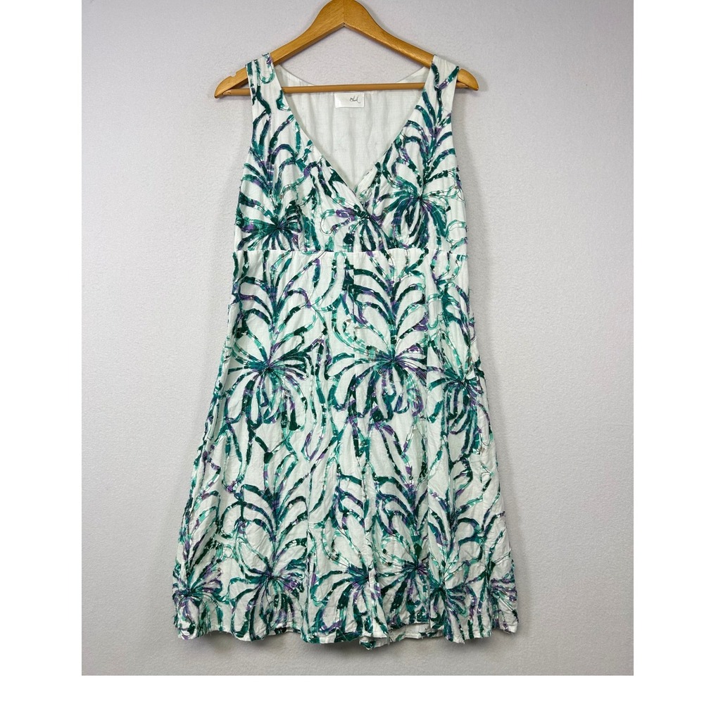 Tropical Boho Soho Chick Womens XL White Green Palm Print Metallic Cotton‎ Dress
